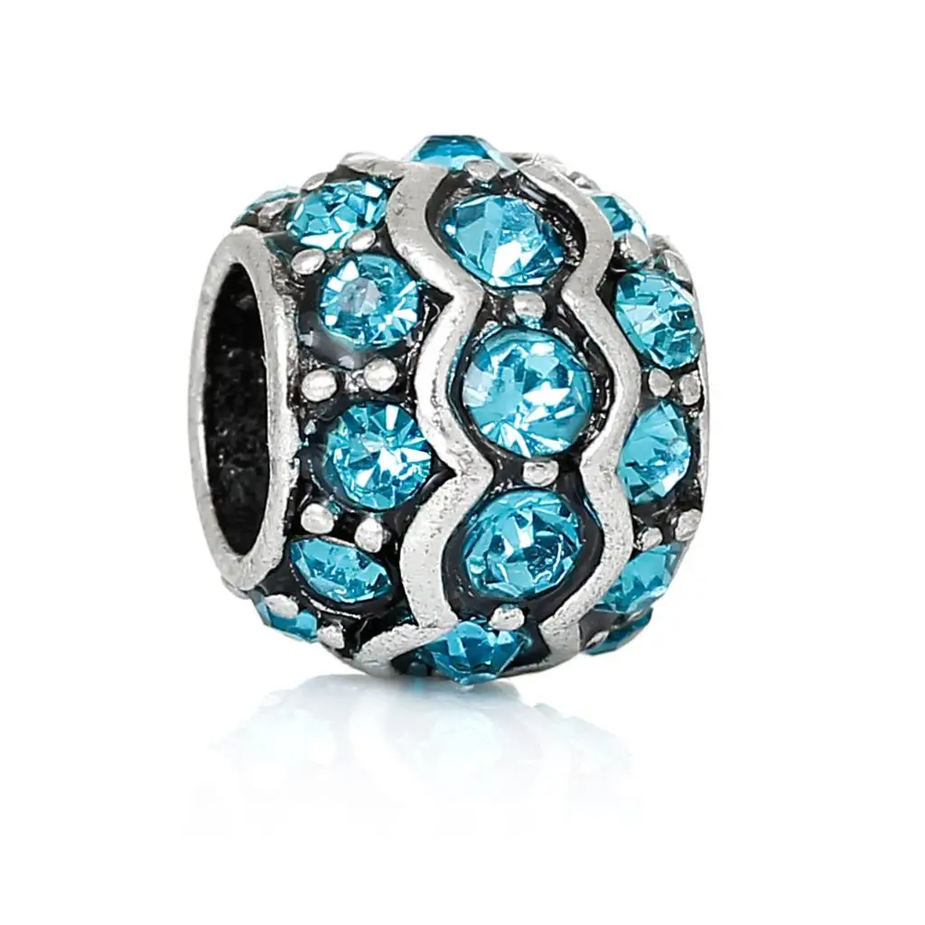 DoreenBeads European Charm Beads Barrel antique silver Blue Rhinestone