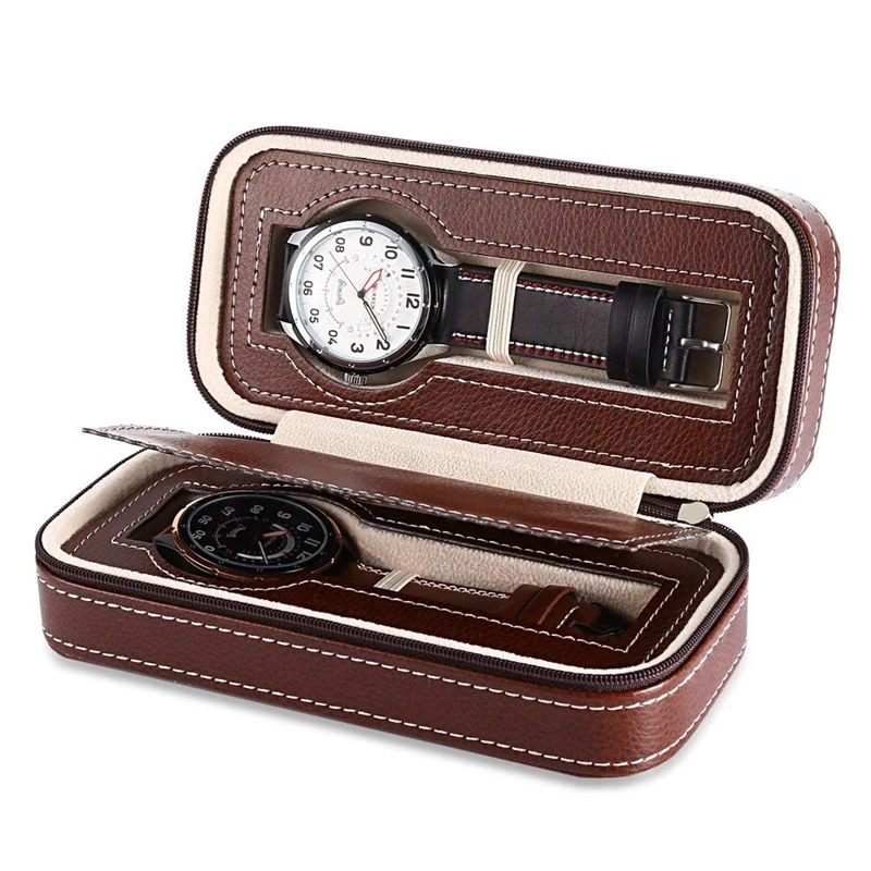 

2 Grids PU Leather Travel Watch Storage Case Zipper Wristwatch Box Organizer (BROWN)