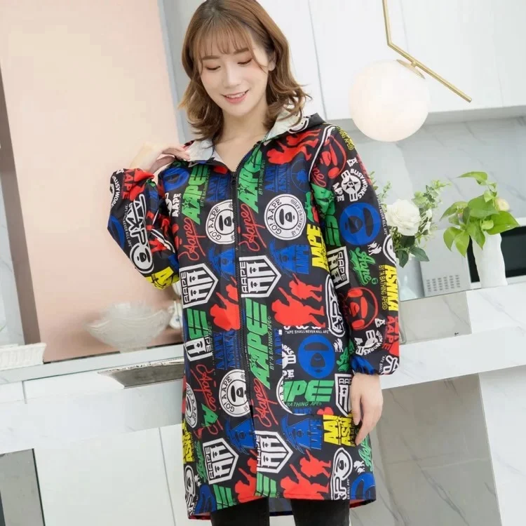 Платья для взрослых женские модные кухонные комбинезоны с капюшоном защитная одежда летняя на молнии с длинными рукавами водонепроницаемый маслостойкий фартук - Цвет: Color digital