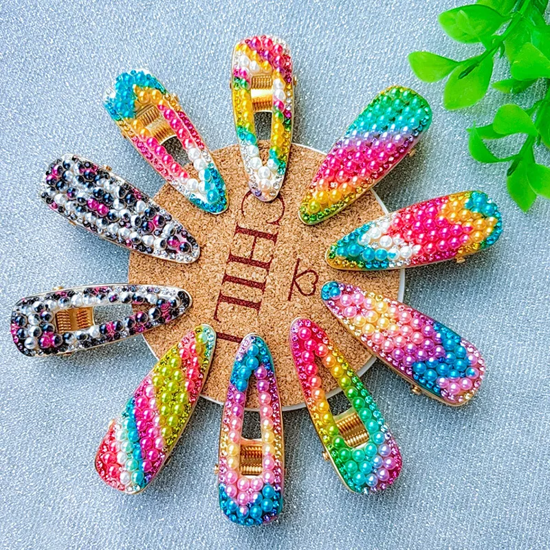 

Korean Style Women Girls Metal Alloy Hair Clips Rainbow Colorful Imitation Pearl Duckbill Hairpins Hollow Out Geometric Barrette