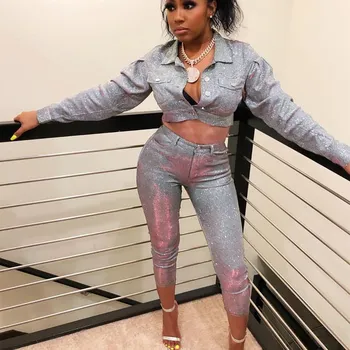 

Women Turn Down Collar Sequin Two Piece Set Long Sleeve Short Jacket Crop Top Skinny Pants Casual Suit Solid Summer Outfits