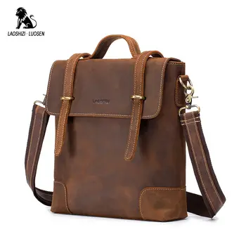 

LAOSHIZI LUOSEN Crazy Horse Leather Men Bags Small Flap Vintage Messenger Bag Male Crossbody Bags Men's Shoulder Bag Business