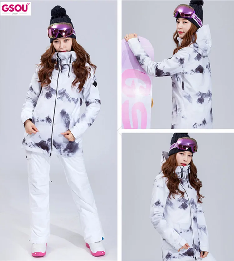 GSOU лыжный костюм для женщин, китайская живопись чернилами, Женская лыжная куртка+ штаны, Женский комплект для сноубординга, куртка для сноуборда и штаны