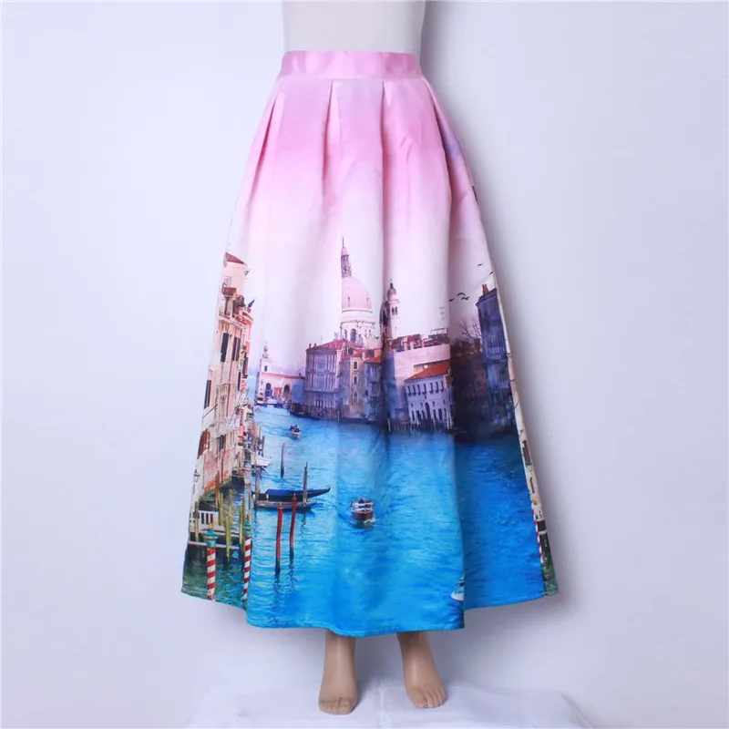 Neophil женское венецианское здание цветочный принт Высокая талия Плиссированное бальное платье Скейтер сатин макси длинные юбки Jupe Longue MS08027