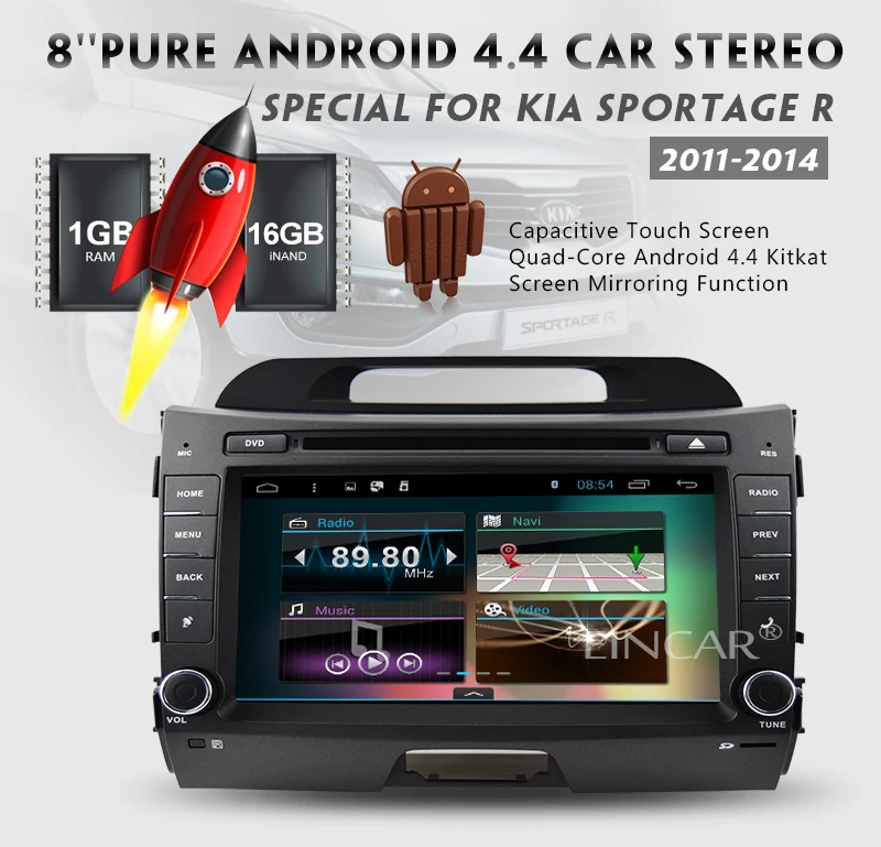 Perfect Car DVD Player Android 4.4 Radio GPS Stereo Tablet In Dash System Head Unit FM APP Navigation Music WiFi PC BT For Kia Sportage 0