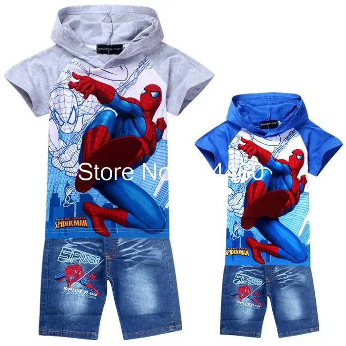 New 2016 cartoon baby hoodies jeans suit,spiderman children clothing