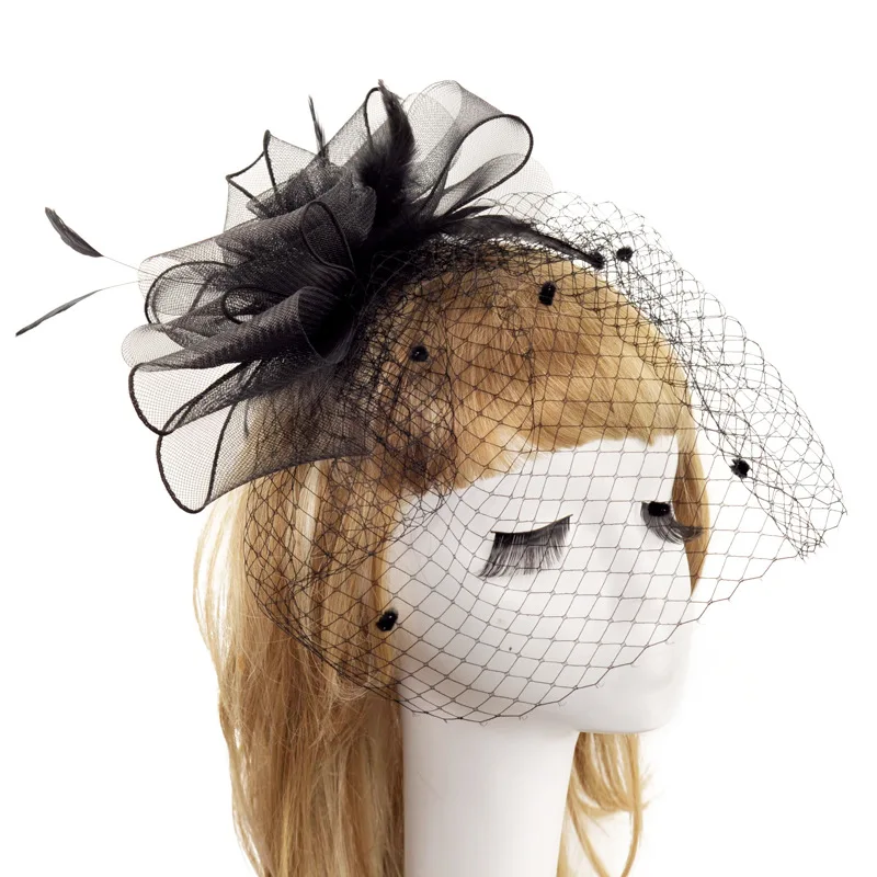JaneVini, Черные Свадебные шляпы и вуалетки для невесты, головной убор с перьями, сетчатая вуаль для птичьей клетки, женская шляпа для свадебной вечеринки, аксессуары - Цвет: Черный