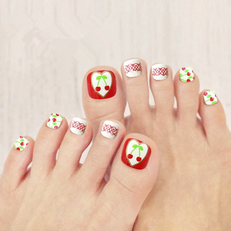 

24Pcs Sweet False Toe Nails White Red Cherries Acrylic Fake Toenail DIY Nail Art Tips Manicure Product T023