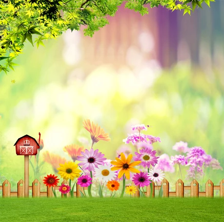 8x8FT Green Forest Branch Bokeh Flowers Fence Garden Lawn Custom