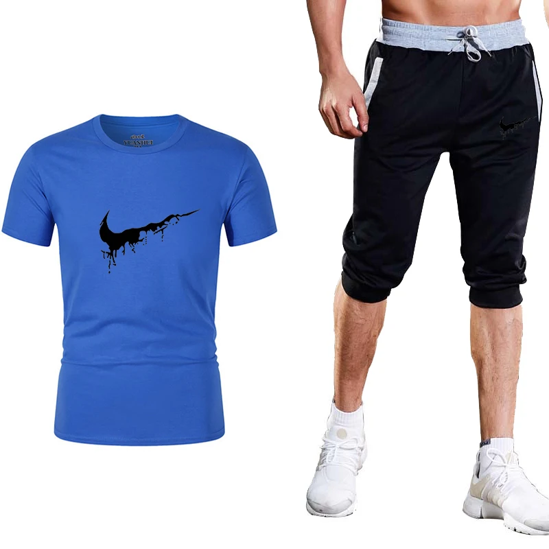 2019 Новый Для мужчин костюм летняя футболка с короткими рукавами футболка + Шорты Штаны из хлопка с принтом спортивный костюм Для мужчин
