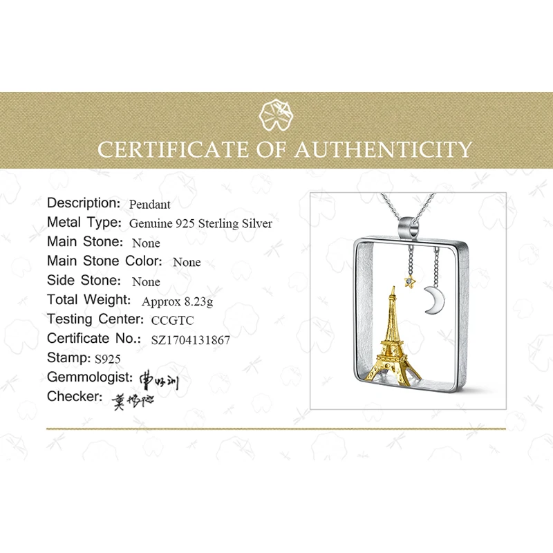 Lotus Fun Real 925 Sterling Silver Handmade Fine Jewelry Eiffel Tower Design Pendant without Necklace For Women