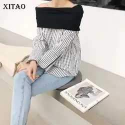 [XITAO] Для женщин Slash шеи воротник дизайн пэчворк Корея Модная рубашка сезон: весна–лето 2019 новый длинный рукав полосатая блуза WBB2666