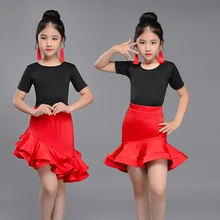 Латинской Танцы платье детей Samba Танцы костюмы для бальных Девушки Короткие рукава Черный Красный конкурс производительность Salsa костюмы