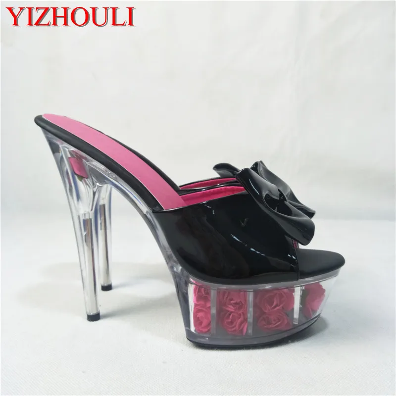 

Bow decoration stage banquet catwalk show slippers, 15cm high heel princess rose soles, pole dancing show, dancing shoes