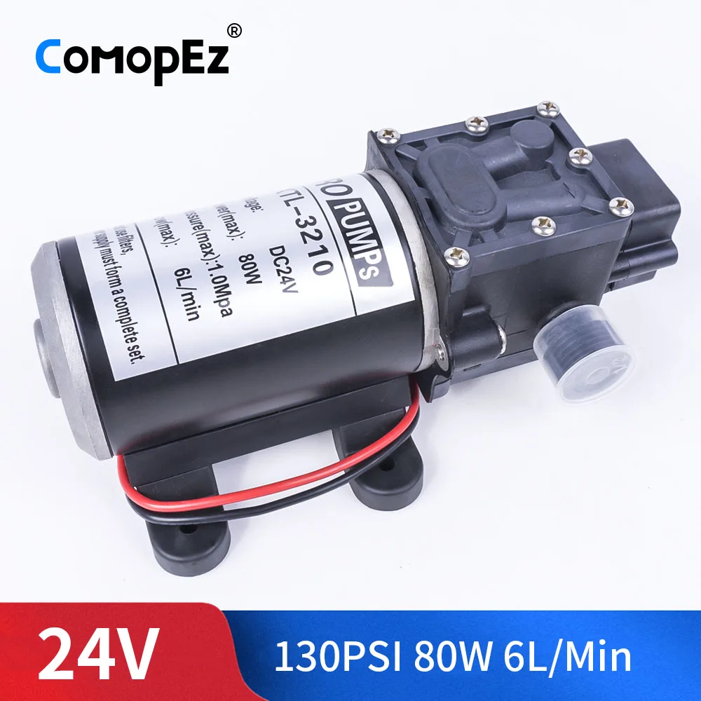 

Professional Electric 24V 80W 1.0Mpa 130PSI 6L / Min Water High Pressure Diaphragm Self-Priming Reflux Pump Automatic Switch