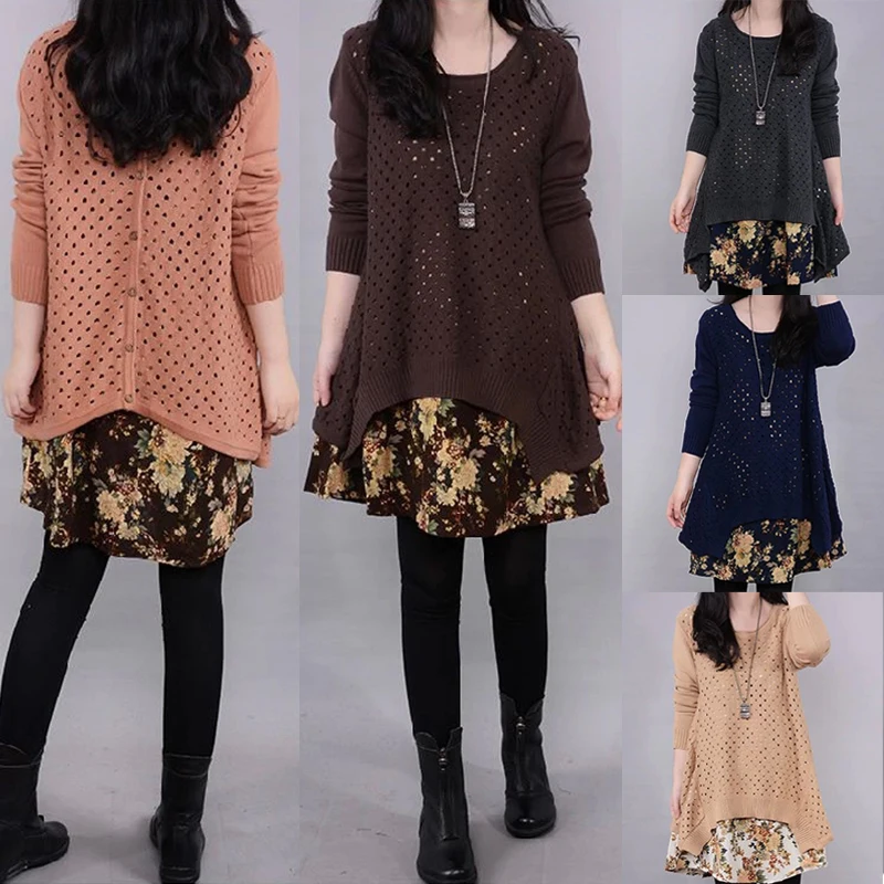 Autumn Winter Women's Long sleeve Knitted Floral Dress Loose Casual Party Dress