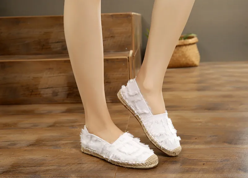 Retro Ladies Womens Casual Espadrilles Shoes for Female Straw Flat Canvas Fisherman's Hemp Rope Bottom Women's Shoes White Black (23)