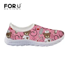 FORUDESIGNS/Для девочек-подростков летние розовые туфли на плоской подошве милые медсестра медведь печати Для женщин свет сетки кроссовки Повседневное комфорт прогулочная обувь; Mujer