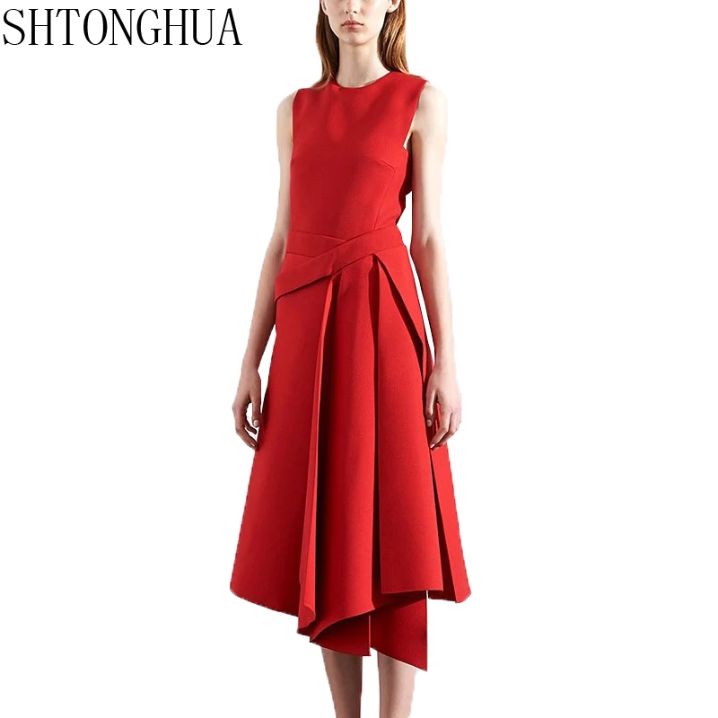 

SHTONGHUA 2019 Spring Runway Designer Dress Women's High Quality Elegant sleeveless Black /Red Irregular Bottom Dress