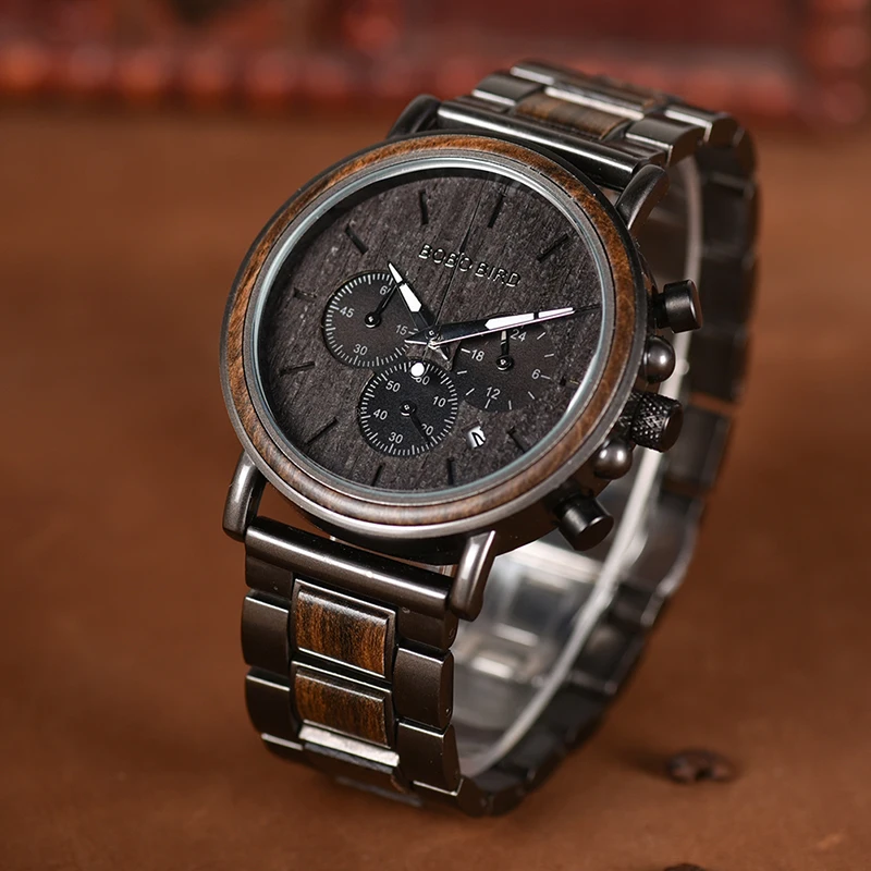 BOBO BIRD Men Watches Luxury Stylish Date Display Wood Watch Quartz Wristwatch Wooden and Metal Strap Timepieces K-nQ26