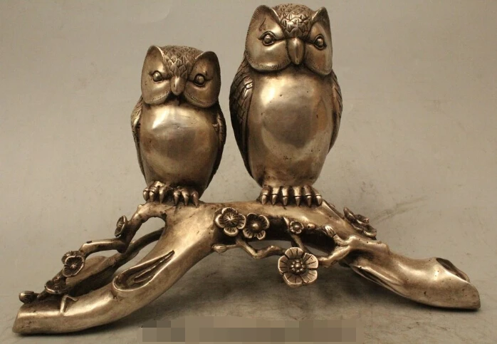 

free 10" Folk Chinese Silver Sculpture Carved 2 Love Bird Scout Minerva Owl Statue fast