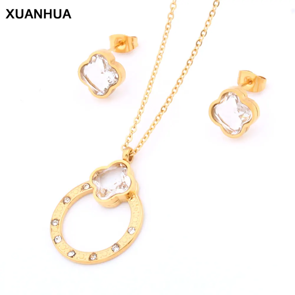XUANHUA Stainless Steel Jewelry Sets For Women Wedding Crystal Necklace And Earring Gold Colour Plated Bridal | Украшения и