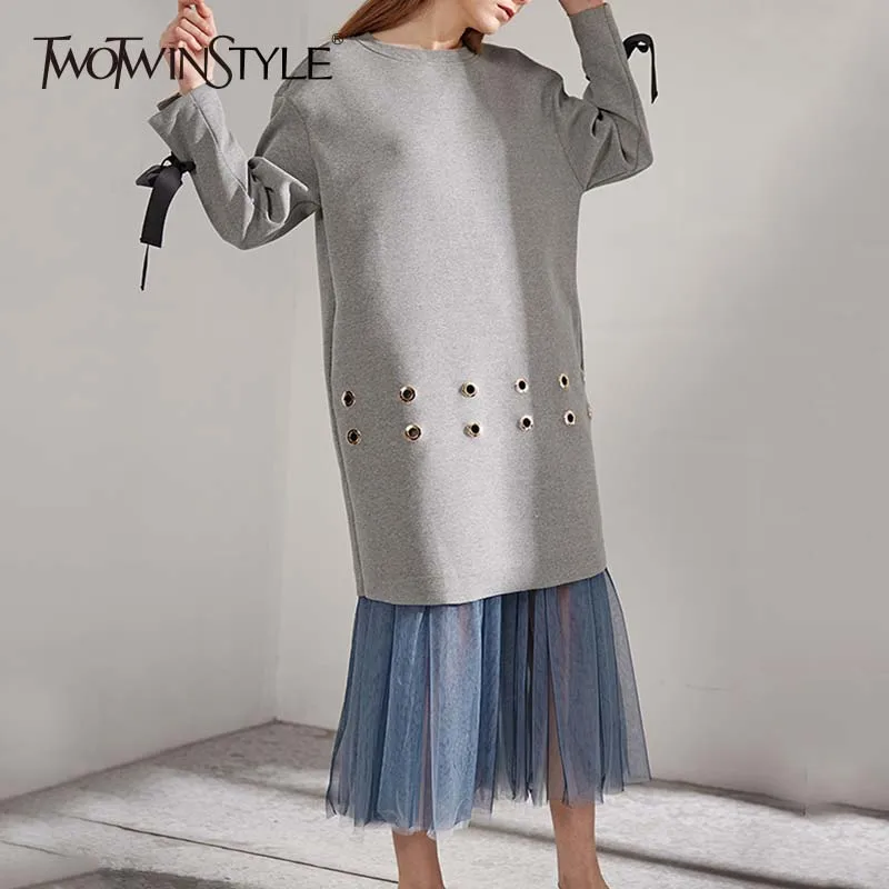 

TWOTWINSTYLE Lace Up Long Sweatshirts Women Autumn Winter Hollow Gray Pullovers Female Sweatshirt Loose Casual Clothing Fashion