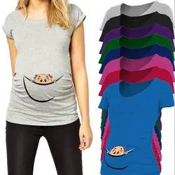 Забавный материнства Топы хлопка выглядывает футболки для беременных с круглым вырезом летние футболки Одежда для беременных Одежда