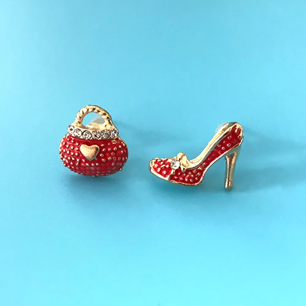 1 Pair Cute Asymmetric Bags High Heels Shoe Shaped Stud Earrings For
