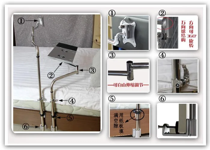 OK730 поднос прикроватный монитор клавиатура держатель складной 360 градусов вращение свободный подъем поворотный наклон тв крепление кровать край зажима