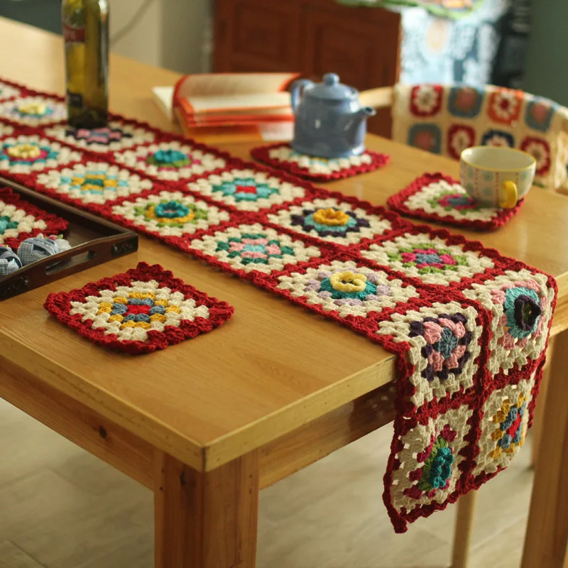 

Pastoral Colourful Table Flat table runner Handmade Hand Hooked Crochet Blanket Cushion Felt Bay Window Blanket Gift cup mats