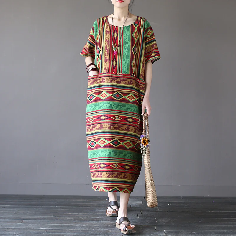 

SCUWLINEN Vestidos 2019 Summer Dress Vintage Geometry Striped Plus Size Loose Dresses Novelty Cotton Robe Women Dress S210