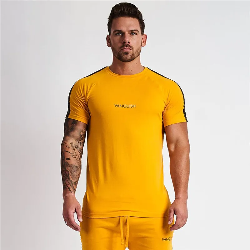 

2019 New Men T-shirt Short Sleeves Print VQ Male Solid Cotton Mens Tee Summer Gyms Fitness Bodybuilding Clothing