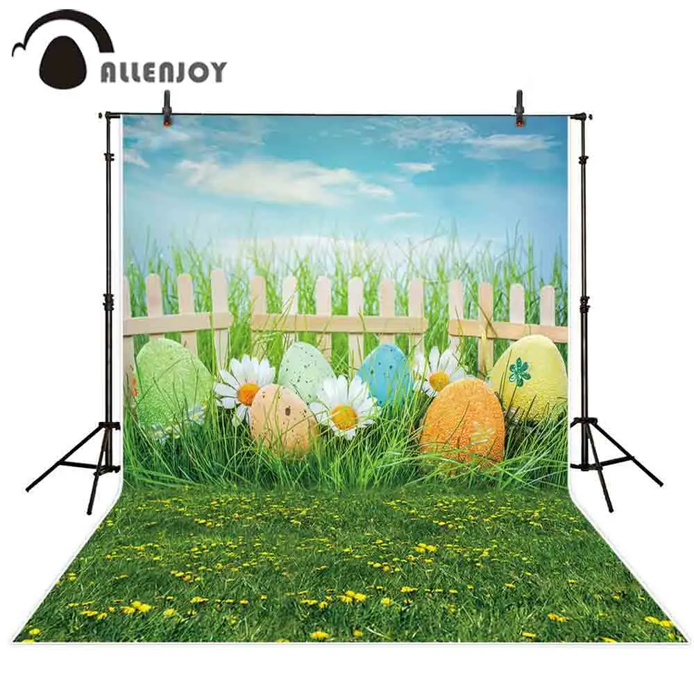 Allenjoy التصوير خلفية عيد الفصح البيض الربيع الخشب سياج الأخضر العشب السماء خلفية الطبيعة صورة المتصل الصورة استوديو اطلاق النار الدعامة