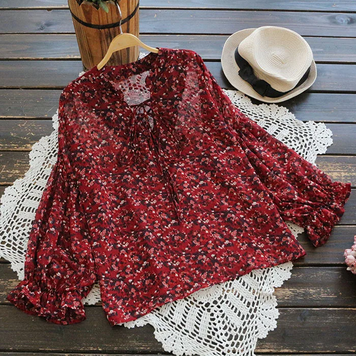 

4023 new summer women big size print blouse Japan style loose drawstring lantern long sleeve Pullover chiffon shirt tops