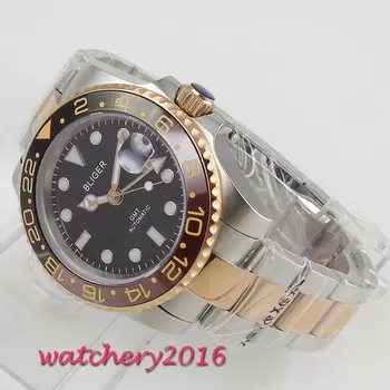 

40mm Bliger Black Dial Coffee & Black Ceramic Bezel GMT Super LUME Top Brand Sapphire Glass Steel Automatic Movement men's Watch