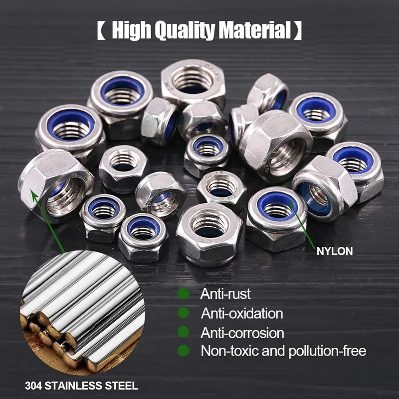 

100Pcs 304 Stainless Steel Metric Nylon Insert Lock Nut Assortment Kit - 7 Sizes: M3 M4 M5 M6 M8 M10 M12