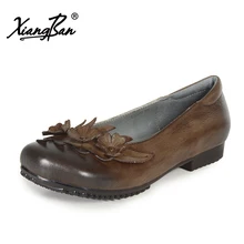Xiangban spring women flats original vintage flowers female flat shoes genuine leather square toe shallow mouth