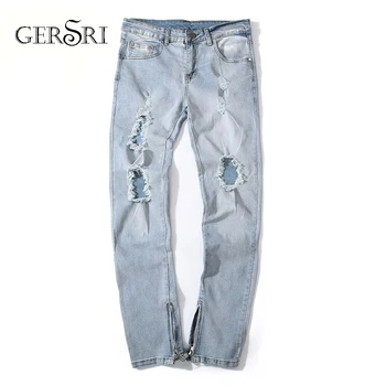 

Gersri mens denim pants clothing zipper Loose biker jeans men Long Pants vintage ripped blue denim pants male zipper jeans