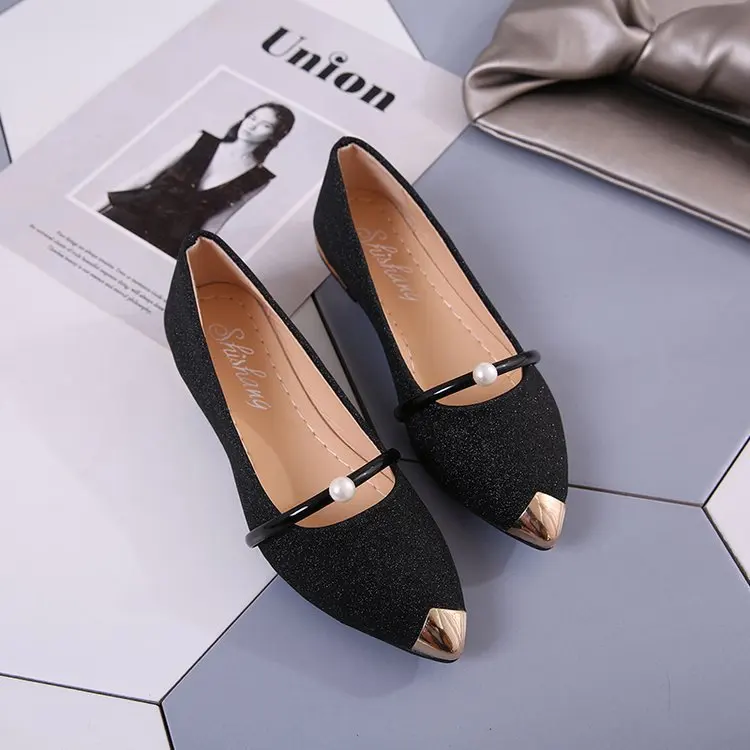 Métal Femmes Pour De Solide Noir Mocassins Appartements on Mode Slip Bout D'été Chaussures or Classiques Loisirs Pointu argent Décoration Décontracté Flock tvx4Tqt