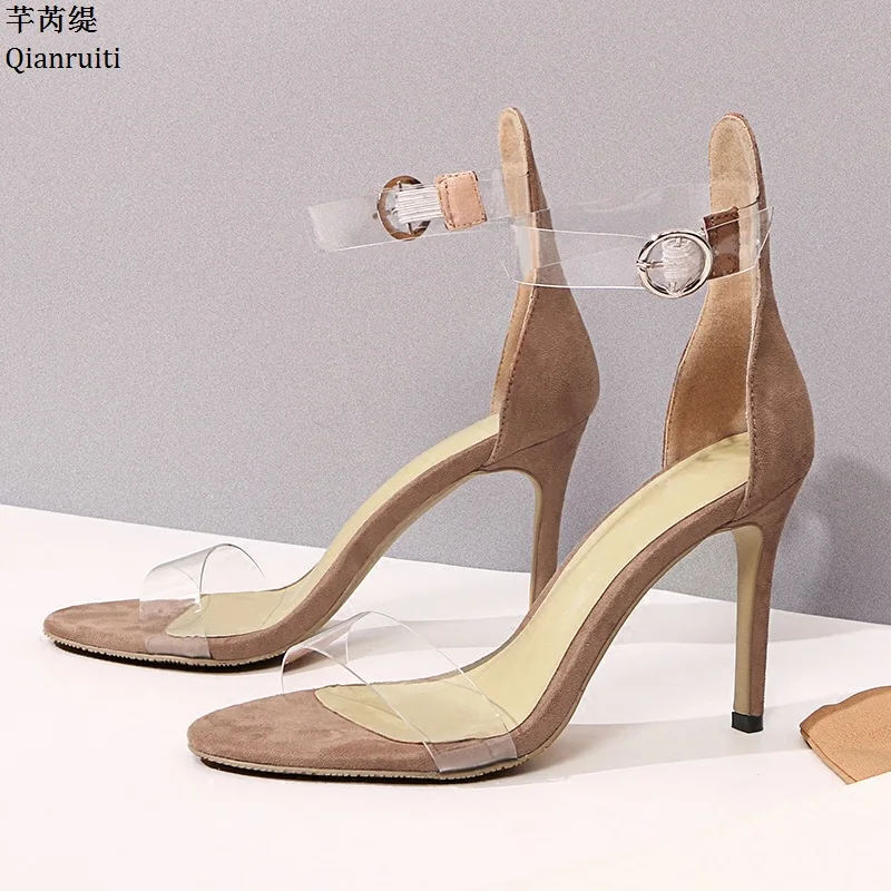 

Qianruiti Summer Faux Suede Stiletto Heels Women Shoes Open Toe High Heels Women Sandals Transparent PVC Ankle Strap Women Pumps