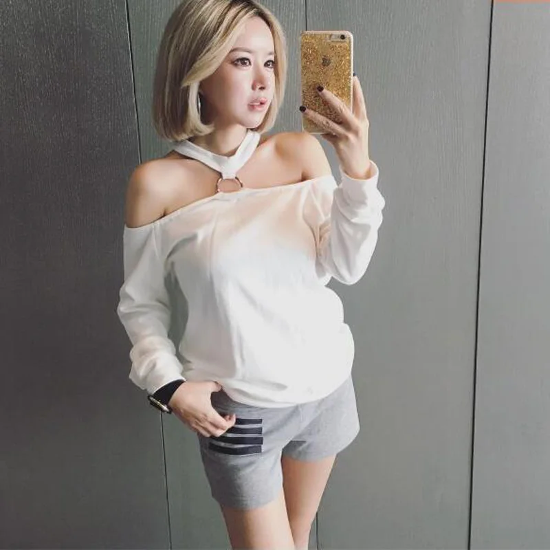  Korean Style Hoodies Women Solid Color Slash Neck Halter Iron Ring Off Shoulder Sexy Women's Sweats