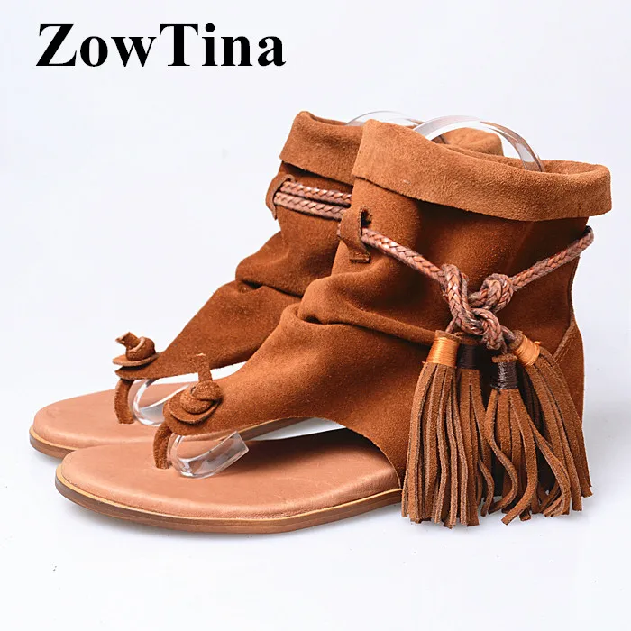 

Handmade Women Light Brown Suede Bohemian Sandals Ankle Strap Fringe Beach Summer Shoes Black Ladies Flat Sandalias Femme 2019