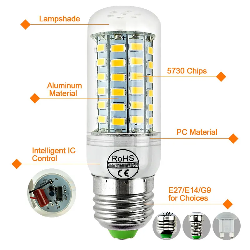 Светодиодный потолочный светильник E27 E14 G9 SMD 5730 110V светодиодный лампы 220 В 24 36 48 56 69 светодиодный s лампада светодиодный Светодиодная лампа-кукуруза для люстры лампы в форме свечи ампулы Bombillas