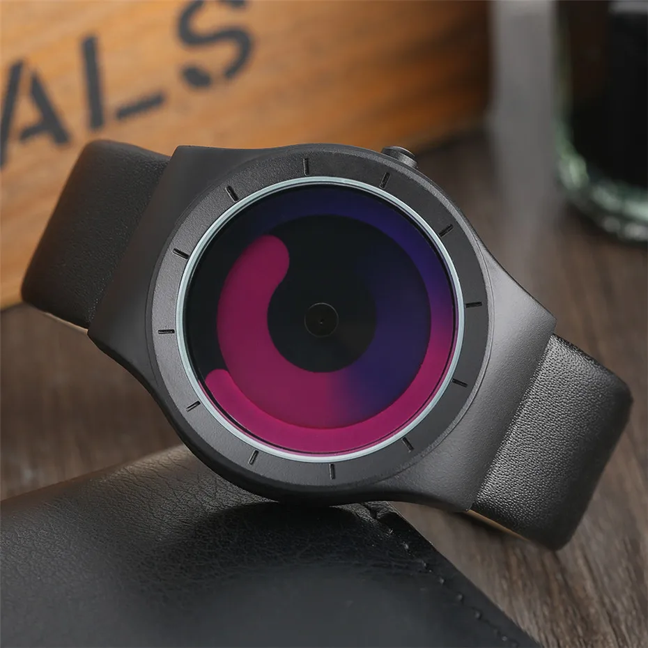 Fashion Mens Watch Leather Analog Quartz Sport Wristwatch Creative Cool Blue Ocean Steel Clock Relogio Masculino Spiral Turntable Swirl Hour Clock Female (33)