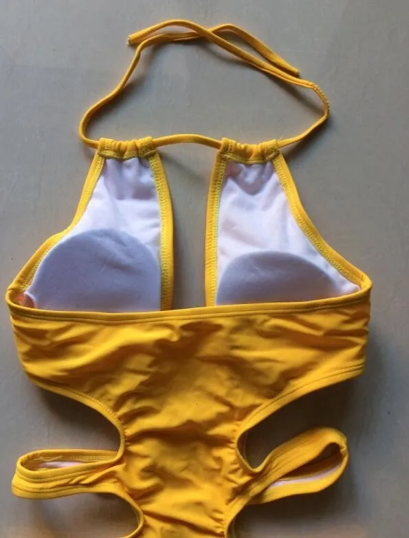 Желтый боди, сексуальный женский купальник с высокой посадкой, сдельный купальник, бразильский Монокини, повязка на шее, купальный костюм с вырезами, купальник, пляжная одежда