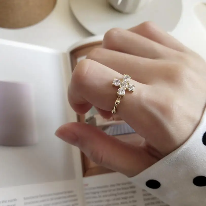 

100% Pure 925 Sterling Silver Belief Cross Finger Rings With White Zirconia Stone For Women Party Gift Jewelry Female Open Rings