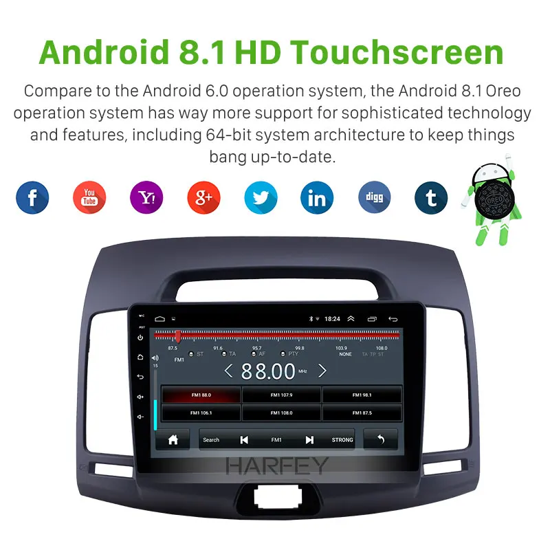 Best Harfey 9 inch Android 8.1 GPS Navigation Radio for Hyundai Elantra 2007-2011 HD Touchscreen with WIFI support Carplay SWC 3G 2