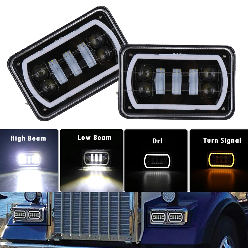 

4X6 Led Square Headlight White Halo DRL Amber Turn signal Sealed high/low Beam replacement For Ford Chevrolet Trucks offrord