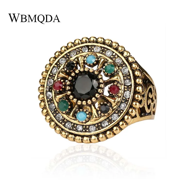 

Vintage Ethnic Indian Jewelry Round Flower Wedding Rings For Women Multicolor Resin Crystal Antique Gold Ring Bohemian Jewellery